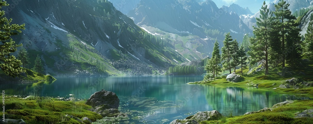 Serene alpine lake, 4K hyperrealistic photo