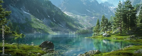 Obraz na płótnie Serene alpine lake, 4K hyperrealistic photo w salonie