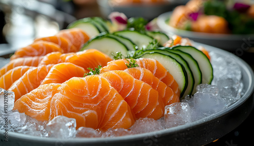 Fresh salmon sashimi served on ice with cucumber slices and garnishes, perfect for sushi lovers and culinary photography.