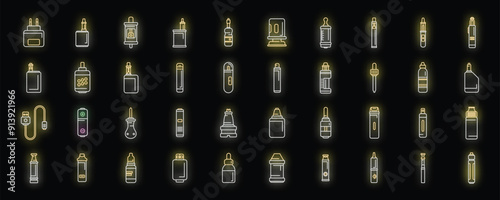 e-cigarette accessories icons set outline vector. Liquid vape. Smoke coil neon color on black