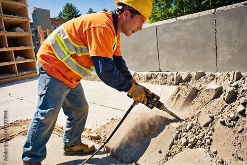 A construction worker using a jackhammer to break concrete