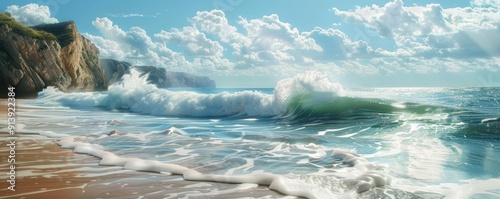 Rolling waves with a beach view, 4K hyperrealistic photo