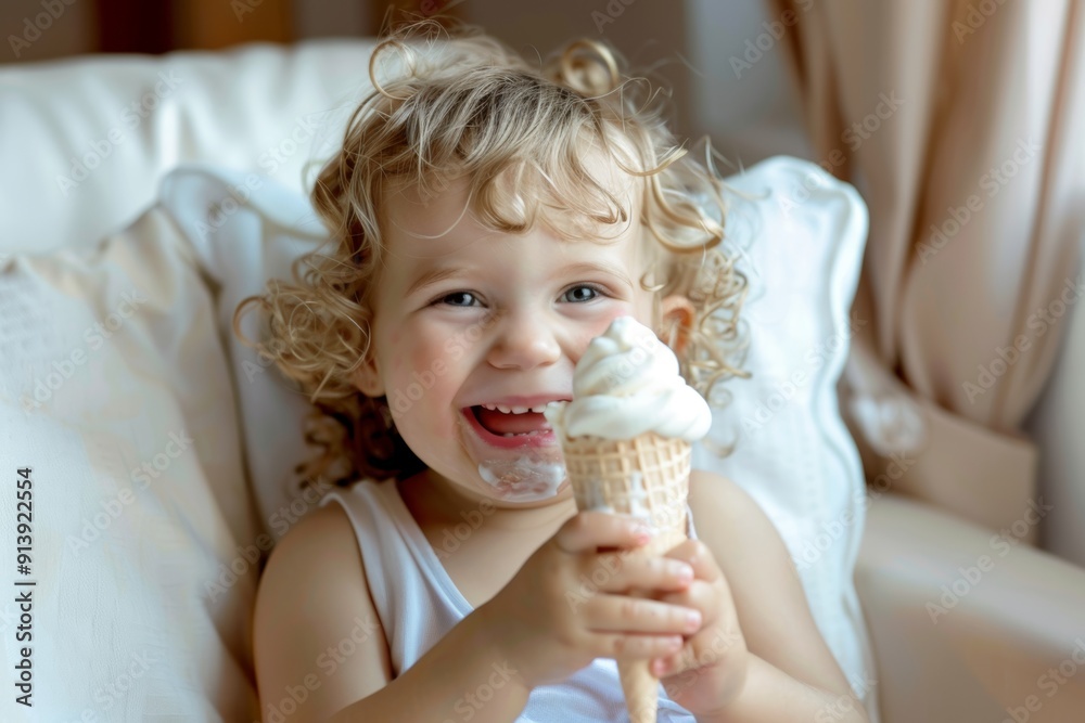 Curly-haired white infant smiling gently camera joy. Child giggles with every bite of ice cream. Allegory of simplicity and purity of early childhood. Curly-haired white infant smiling gently camera joy. Child giggles with every bite of ice cream. Allegory of simplicity and purity of early childhood.