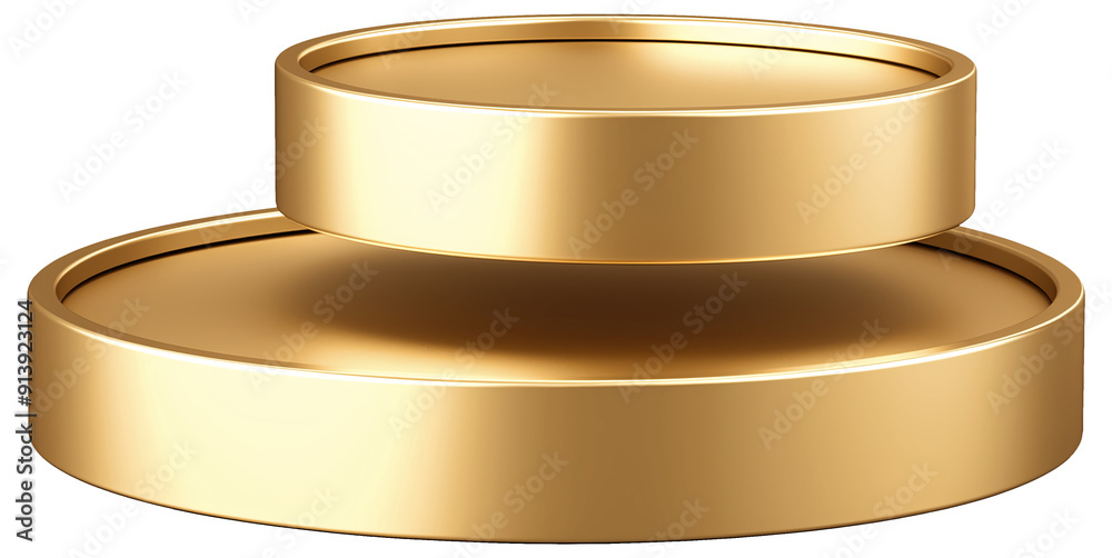Empty golden product display podium setup with two gold circular podiums of different sizes Empty golden product display podium setup with two gold circular podiums of different sizes