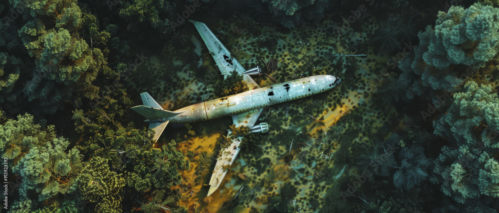 Naklejka premium An aerial view of an abandoned airplane wreckage enveloped by dense, green forest, creating a haunting yet captivating scene of nature reclaiming what remains.