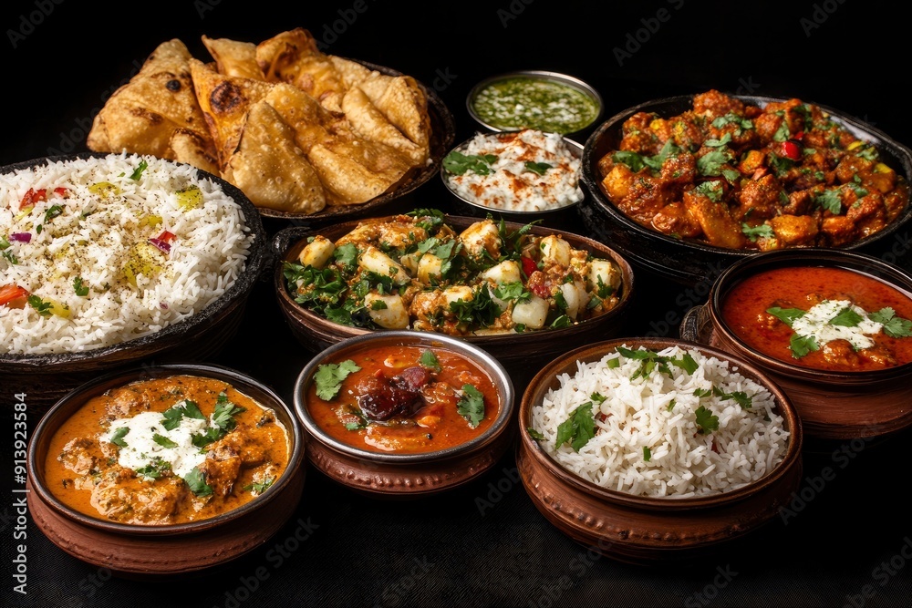 Assorted indian food on black background , ai Assorted indian food on black background , ai