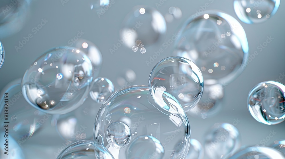 Abstract of transparent liquid bubbles floating and colliding with each other against a grey background Abstract of transparent liquid bubbles floating and colliding with each other against a grey background