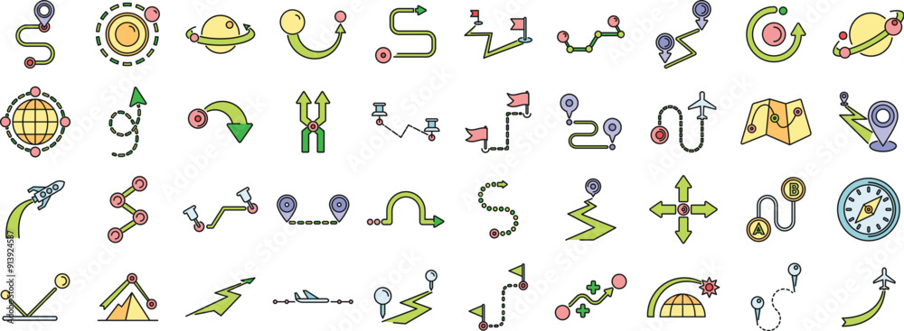 Trajectory icons set outline vector. Road compass. Earth gps thin line color flat on white