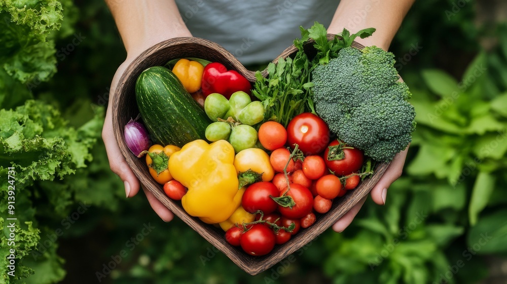 Fototapeta premium Fresh veggies arranged in a heart-shaped dish held by a nutritionist's hand.
