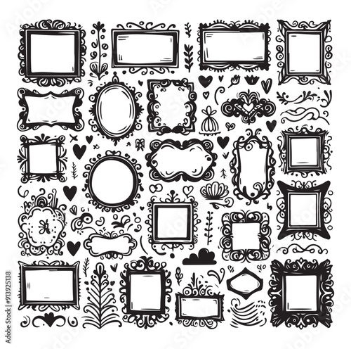 Hand drawn frames with wavy lines, silhouettes Vector illustration design.