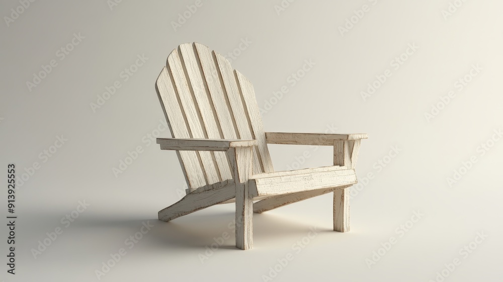 A white chair with a wooden frame sits on a white background