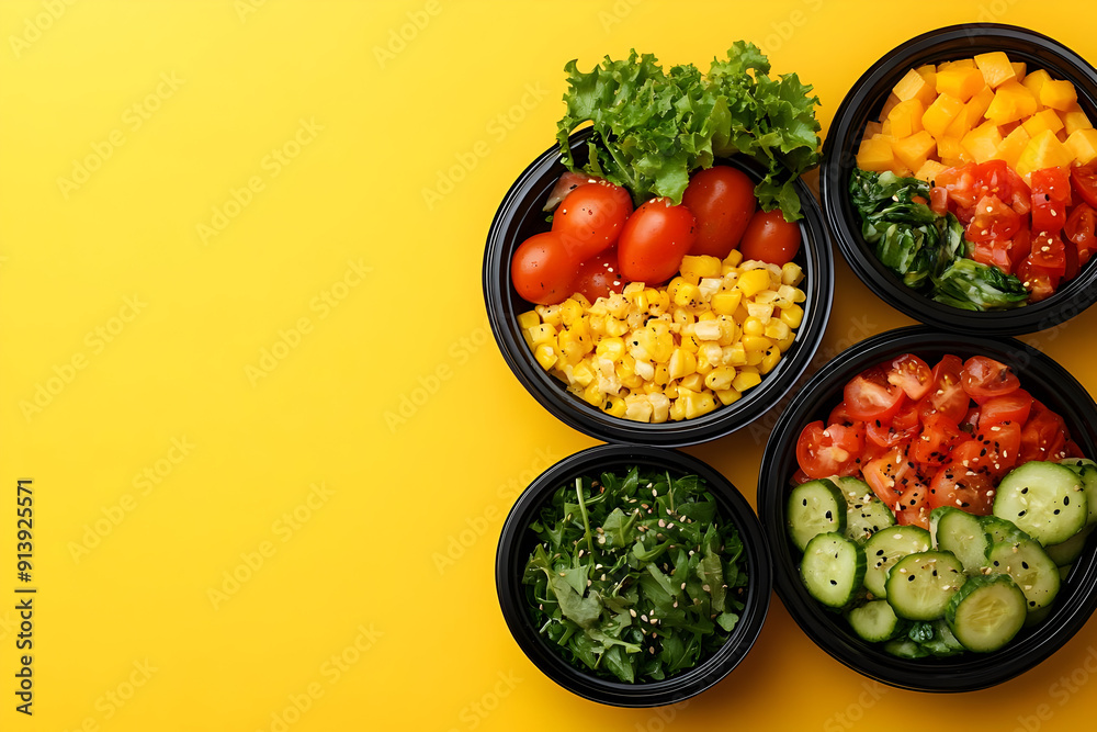 Vibrant bowls of fresh vegetables and fruits on a bright yellow background, perfect for healthy meals and colorful dishes. Vibrant bowls of fresh vegetables and fruits on a bright yellow background, perfect for healthy meals and colorful dishes.