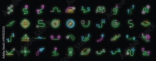 Trajectory icons set outline vector. Road compass. Earth gps neon color on black