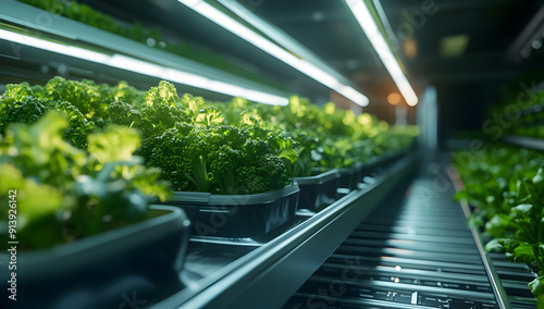 Vibrant green plants growing in a modern hydroponic system under bright LED lighting, showcasing sustainable agriculture practices.