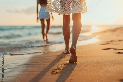 Woman's Bare Feet Walking on the Beach at Sunset.