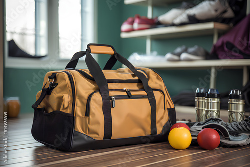 Sports bag with sports equipment in room photo