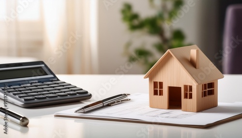 木の家の模型と書類とペンと電卓（Wooden house model, documents, pen and calculator） 