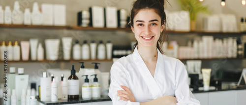 A cheerful beautician in a white robe smiling confidently in a modern beauty salon, with shelves of cosmetic products in the background.