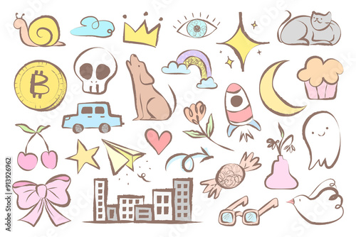 Cute doodle png sticker, pastel cartoon illustrations set on transparent background