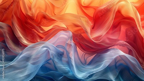 3D artistic rendering of layered cloth in an abstract form, showcasing a dynamic interplay of red and blue hues that create visual depth and a sense of movement photo