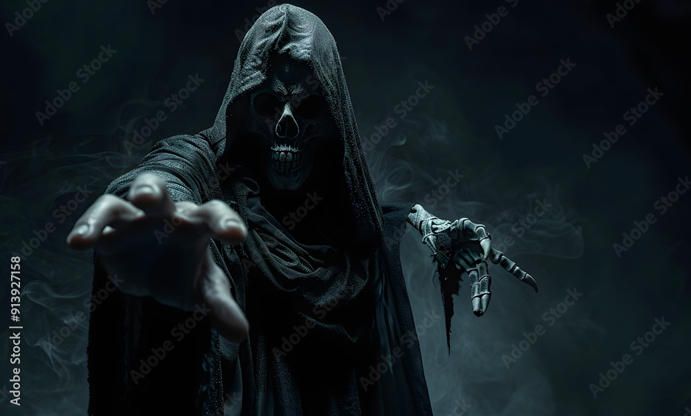 Grim reaper reaching towards the camera over dark background with copy space Grim reaper reaching towards the camera over dark background with copy space