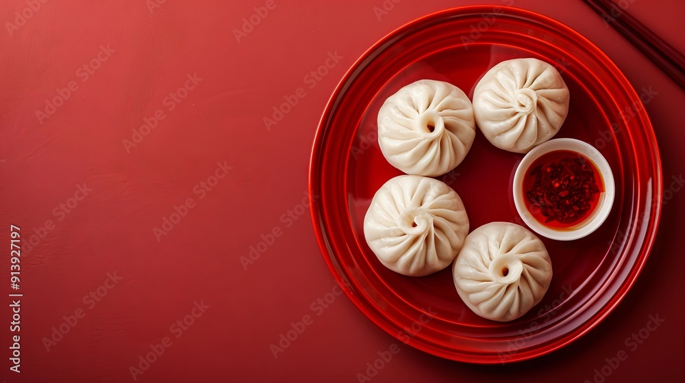 custom made wallpaper toronto digitalSteamed pork bao dumplings served on a red plate with Chinese sauce, isolated against a red background. Top view of homemade xiao long bao, also known as steamed buns
