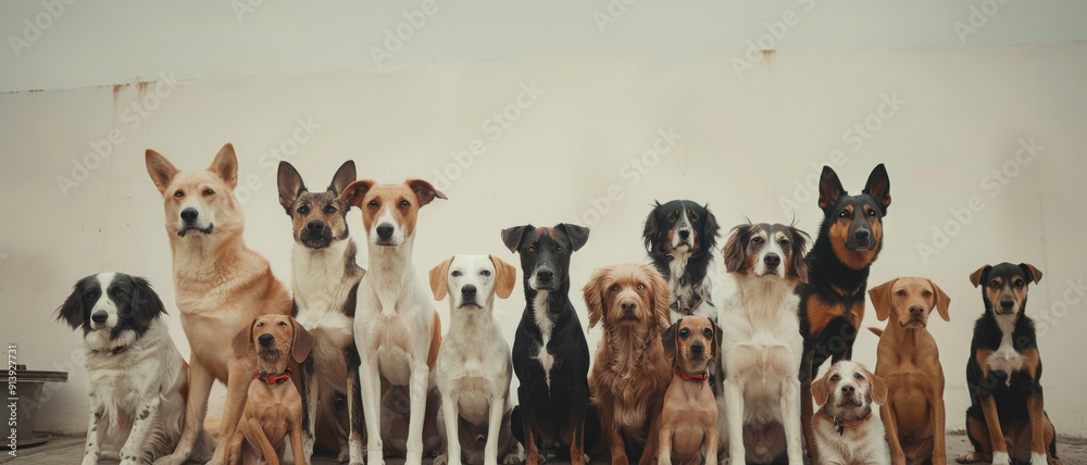 A diverse group of dogs of various breeds and sizes sit in a line, their expressions attentive, in a charming and well-behaved display of canine companionship. A diverse group of dogs of various breeds and sizes sit in a line, their expressions attentive, in a charming and well-behaved display of canine companionship.