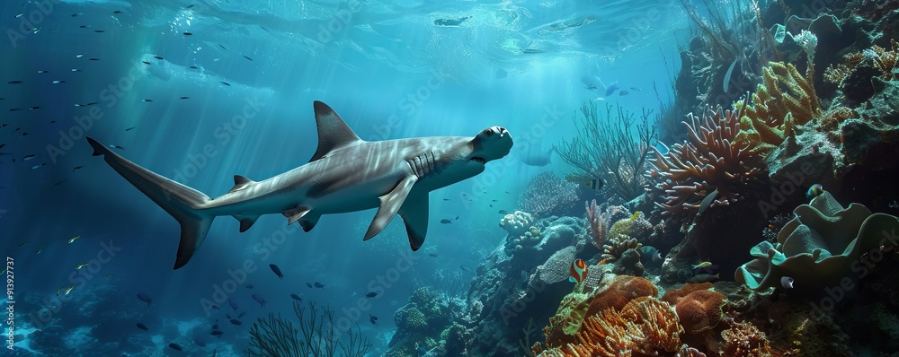 Majestic hammerhead shark patrolling the reef, 4K hyperrealistic photo Majestic hammerhead shark patrolling the reef, 4K hyperrealistic photo