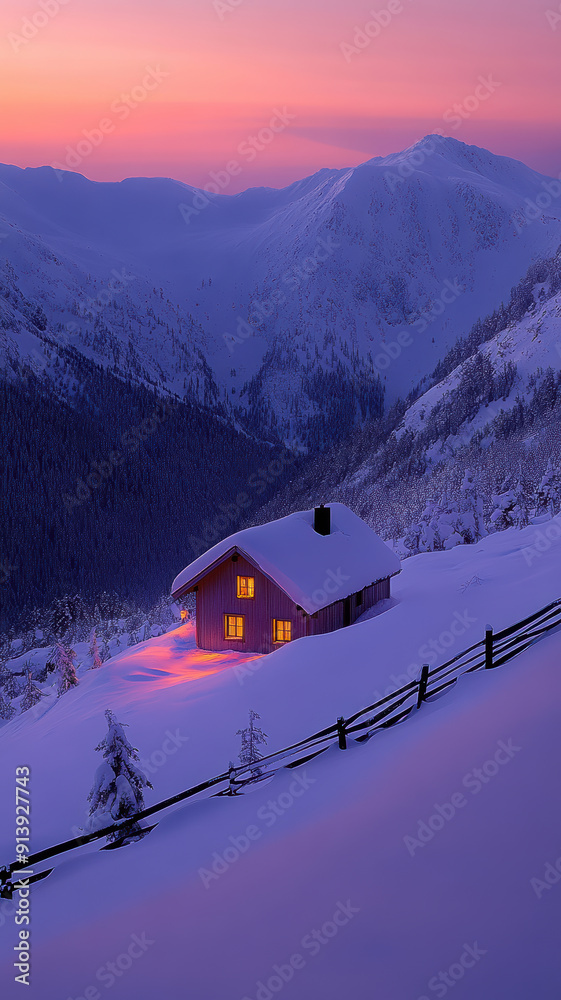 Fototapeta premium Winter cabin in snow with pink and orange sky