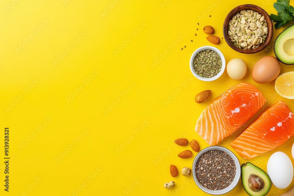 Keto diet concept - salmon, avocado, eggs, nuts and seeds, bright color background, top view, ai