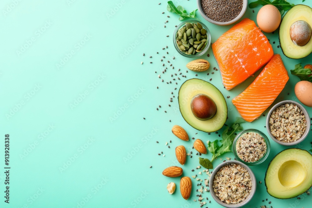 Keto diet concept - salmon, avocado, eggs, nuts and seeds, bright color background, top view, ai Keto diet concept - salmon, avocado, eggs, nuts and seeds, bright color background, top view, ai