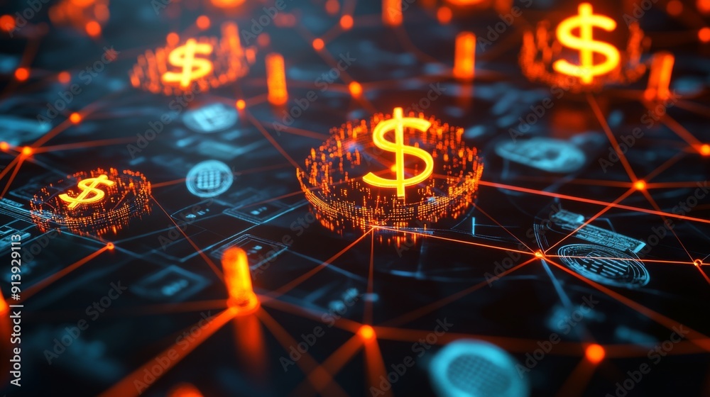 Obraz premium Glowing 3D financial network with dollar, euro, and pound symbols interconnected in a digital web.