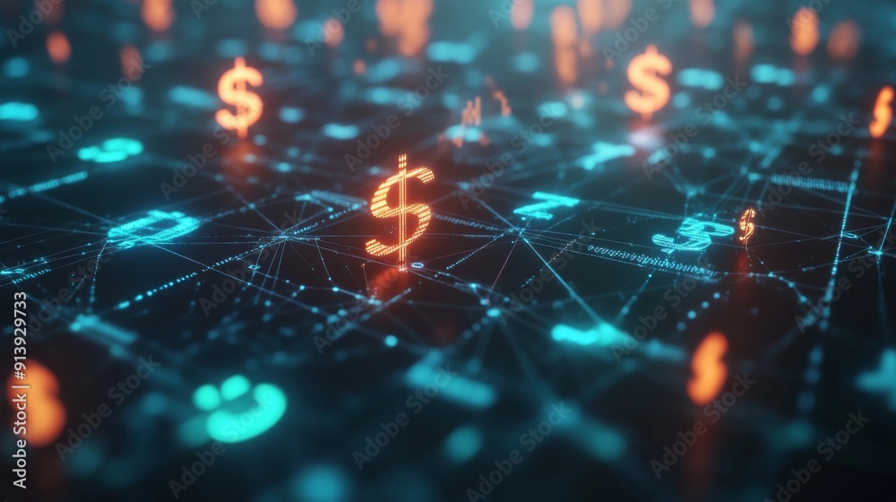 Glowing 3D financial network with interconnected dollar, euro, and yen symbols in a digital space. Glowing 3D financial network with interconnected dollar, euro, and yen symbols in a digital space.