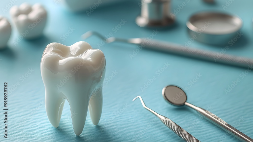 Tooth model with metal medical dentist instruments for dental care