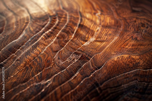 A highly detailed macro shot of a polished wooden surface, showcasing the intricate patterns and textures at a 90-degree angle. The image highlights the natural beauty of the wood grain. photo