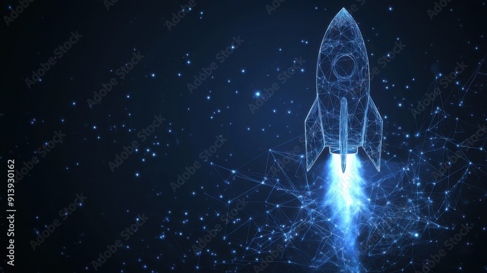 Polygonal wireframe mesh futuristic with rocket. Vector lines, dots and triangle shapes, connection network, digital molecular technology, connection structure Polygonal wireframe mesh futuristic with rocket. Vector lines, dots and triangle shapes, connection network, digital molecular technology, connection structure