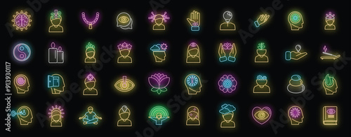 Mindfulness icons set outline vector. Mind relax. Peace human neon color on black