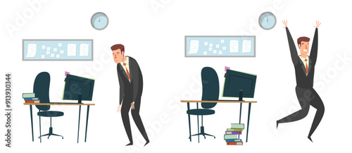 Businessman feeling opposite emotion at start and end of work day vector illustration. Fatigue employee in morning and happy office worker after finishing job routine