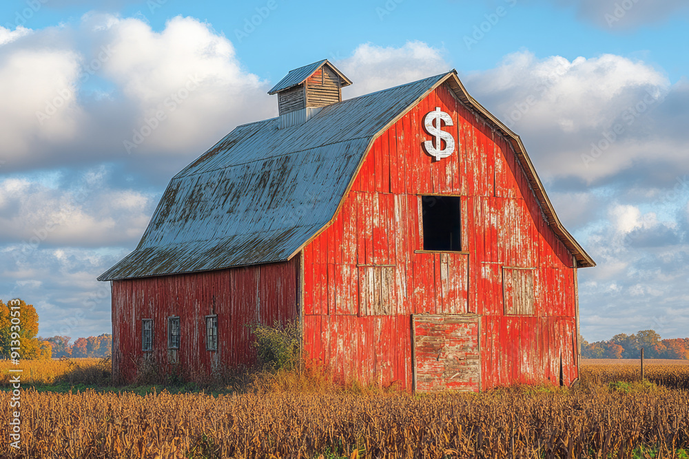 Clean and modern image of a barn with a prominent dollar sign on its roof, surrounded by crops, Clean and modern image of a barn with a prominent dollar sign on its roof, surrounded by crops,
