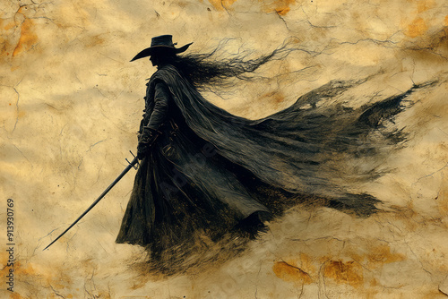 Minimalist illustration of a musketeer silhouette, with flowing cape and rapier, set against a parchment background, photo