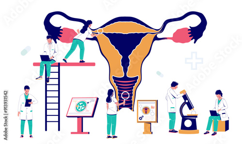Gynecology doctor team providing woman health checkup conducting womb examination doing laboratory test screening with medical tools vector illustration