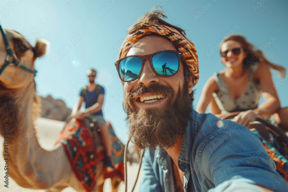 Group of friends taking selfie while riding camels in the desert