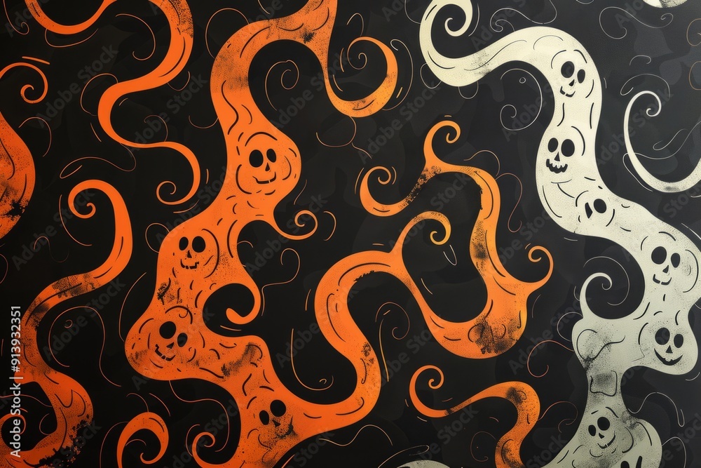 Colorful ghosts floating in a dark and spooky halloween night pattern background Colorful ghosts floating in a dark and spooky halloween night pattern background