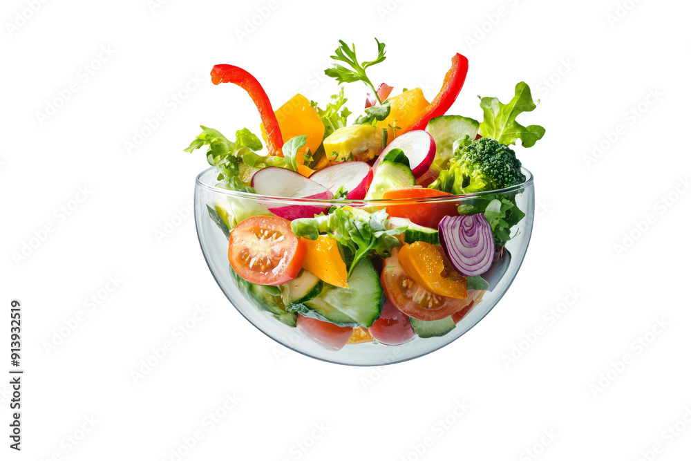 A floating bowl of vibrant fresh salad with colorful vegetables and dressing, suspended on white background. A floating bowl of vibrant fresh salad with colorful vegetables and dressing, suspended on white background.