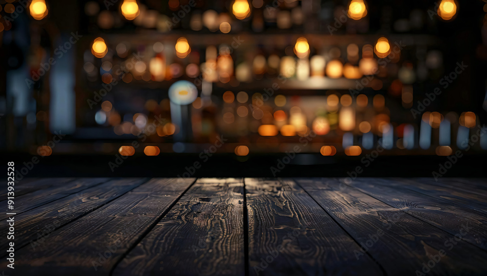 Dark Wood Countertop with Blurred Bar Background. Dark Wood Countertop with Blurred Bar Background.
