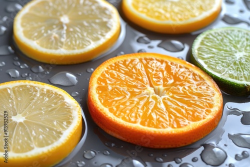 Close-Up of Sliced Citrus Fruits with Water Droplets
