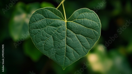 A single, heart-shaped leaf hangs delicately from a branch, its vibrant green color contrasting against the blurred, dark green background. The leaf's veins are intricately detailed.