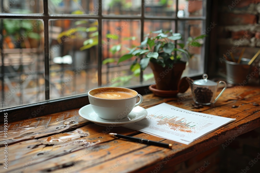Coffee, Pen, and Chart on a Wooden Table by a Window Coffee, Pen, and Chart on a Wooden Table by a Window