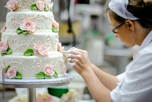 A baker meticulously adds finishing touches to a three-tiered wedding cake adorned with delicate pink roses, showcasing her artistry in a bakery environment