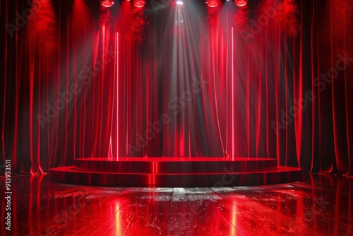 Empty illuminated stage with red curtains